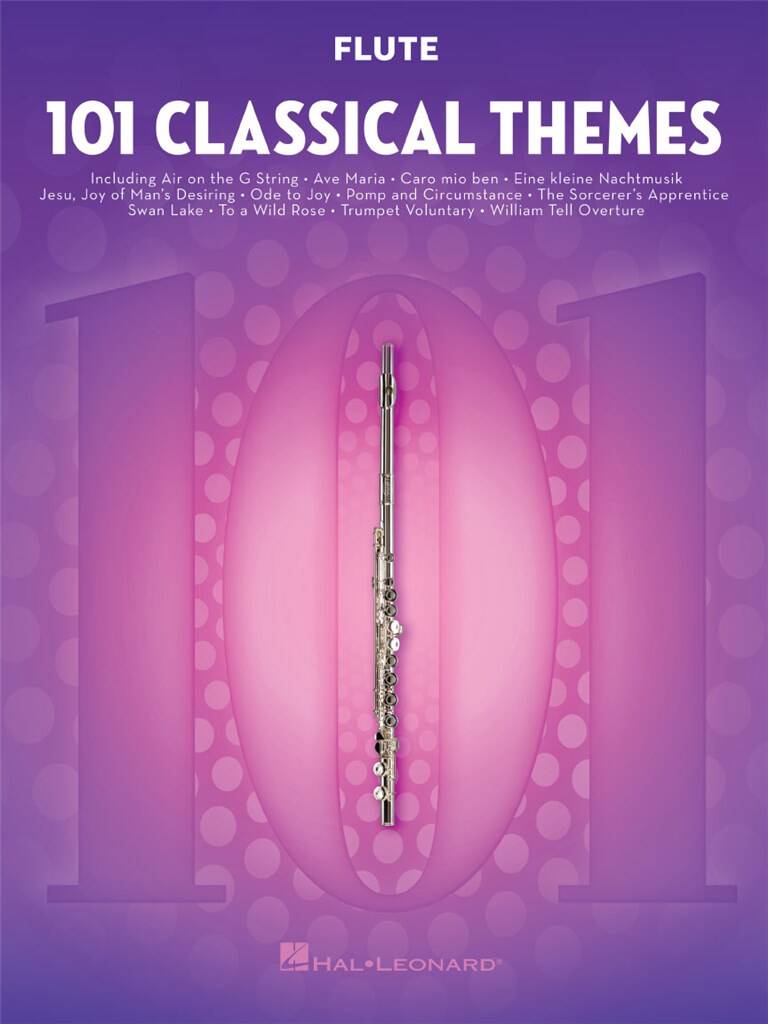 Flute sheet music book titled '101 Classical Themes' with a flute illustration on a purple background.