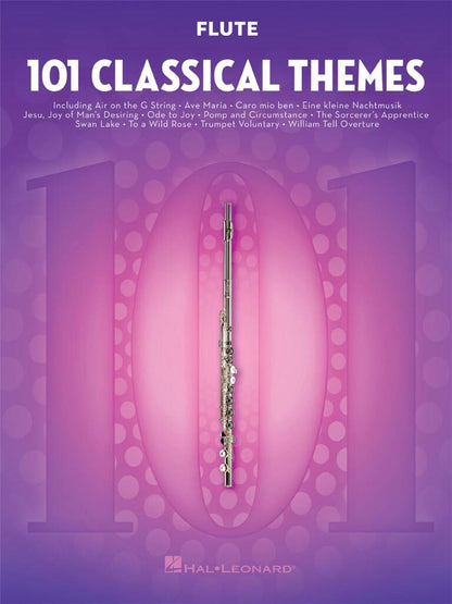 Flute sheet music book titled '101 Classical Themes' with a flute illustration on a purple background.