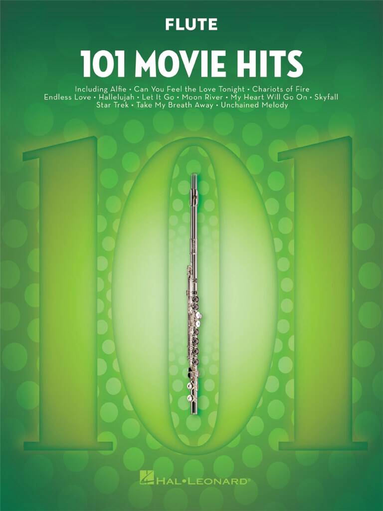 Flute sheet music book titled '101 Movie Hits' with a green background and flute illustration.