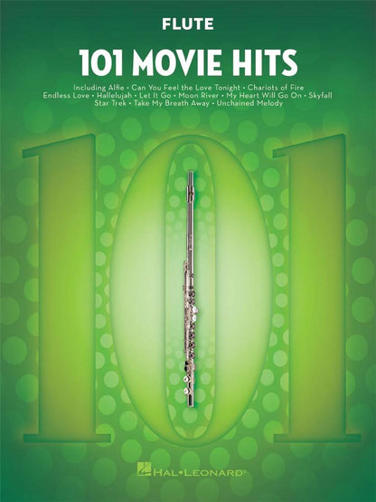 Flute sheet music book titled '101 Movie Hits' with a green background and flute illustration.