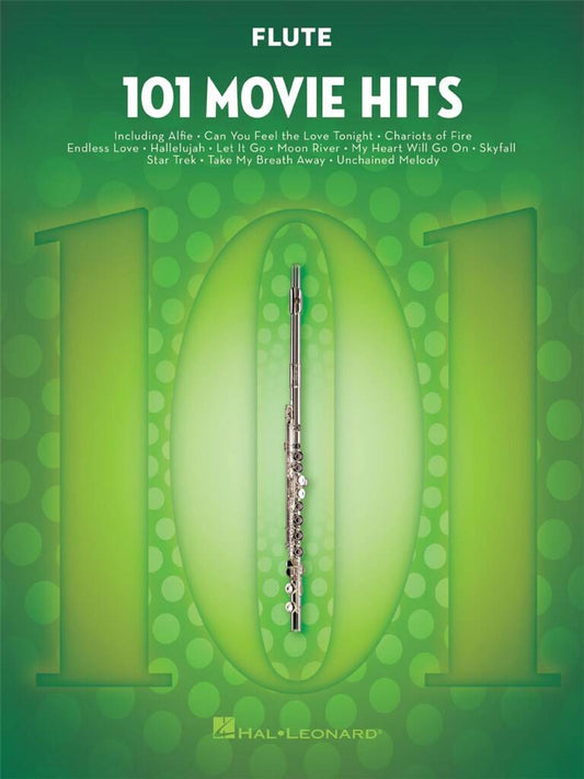 Flute sheet music book titled '101 Movie Hits' with a green background and flute illustration.
