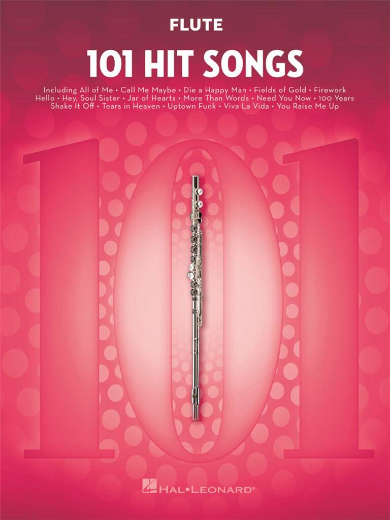 Flute sheet music book titled '101 Hit Songs' with a pink background and flute illustration.