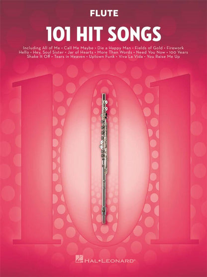 Flute sheet music book titled '101 Hit Songs' with a pink background and flute illustration.