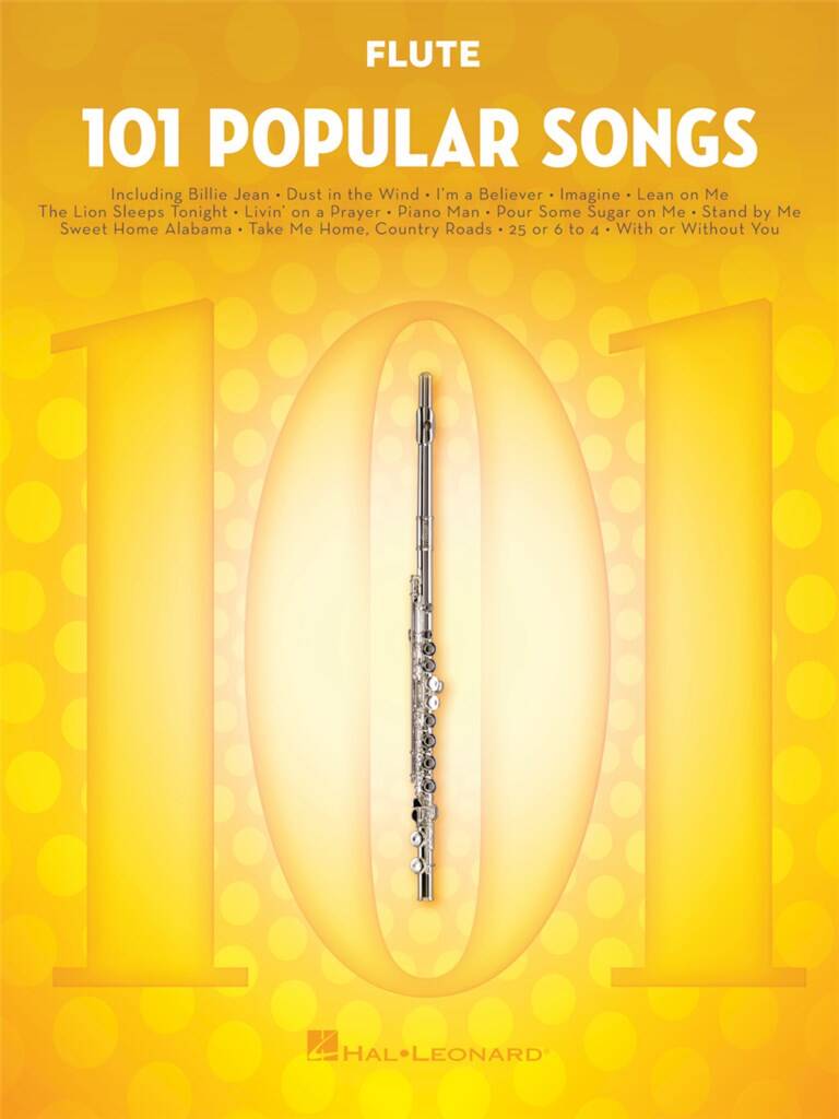 Flute sheet music book titled '101 Popular Songs' with a flute illustration on a yellow background.