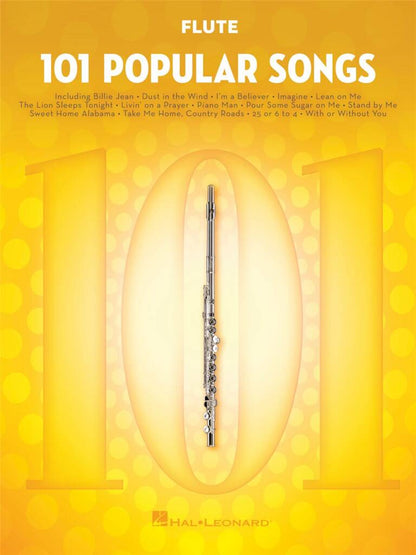 Flute sheet music book titled '101 Popular Songs' with a flute illustration on a yellow background.
