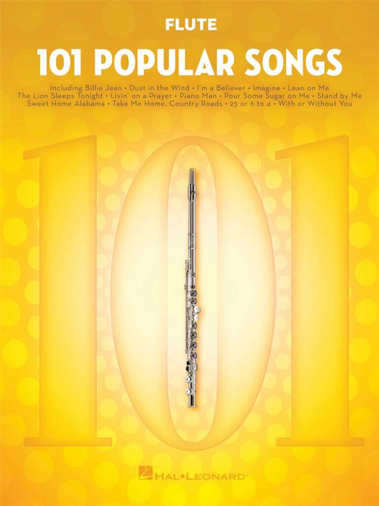 Flute sheet music book titled '101 Popular Songs' with a flute illustration on a yellow background.