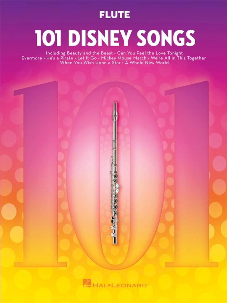 Flute sheet music book titled '101 Disney Songs' with a pink and orange gradient background.