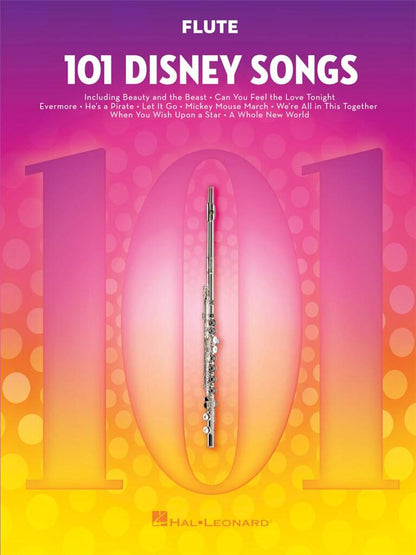 Flute sheet music book titled '101 Disney Songs' with a pink and orange gradient background.
