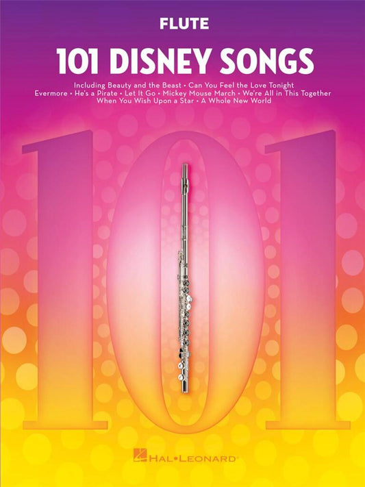 Flute sheet music book titled '101 Disney Songs' with a pink and orange gradient background.