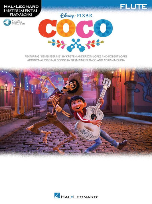 Flute sheet music cover for Disney Pixar's 'Coco' featuring animated characters and Hal Leonard branding.