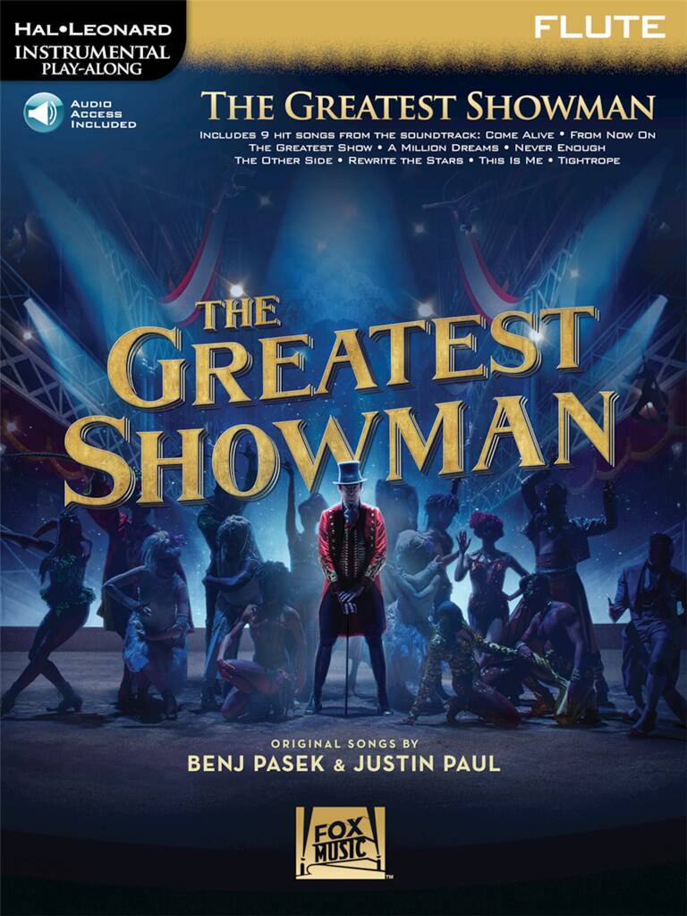 cover of The Greatest Showman for Flute playalong with the show illustrated on blue background