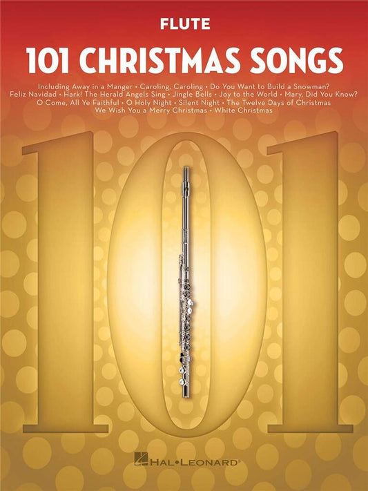 Flute sheet music book titled '101 Christmas Songs' with a flute illustration on a gold and brown background.