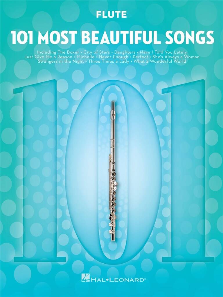 Flute sheet music book titled '101 Most Beautiful Songs' with a flute illustration on a blue background.
