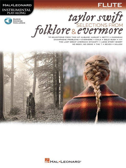Music book cover for Taylor Swift's 'Folklore & Evermore' with a violin player and forest background.