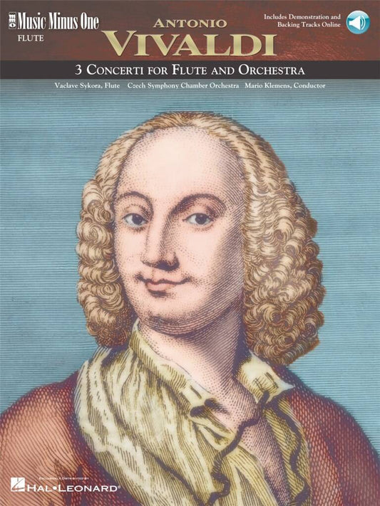 Sheet music cover for Antonio Vivaldi concertos with a portrait of Vivaldi on a blue background.