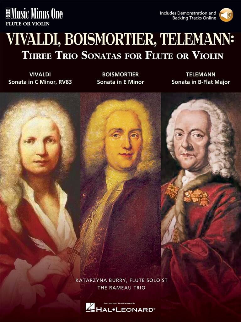 3 Trio Sonatas: Vivaldi, Boismortier and Telemann for Flute cover with pictures of the 3 composers
