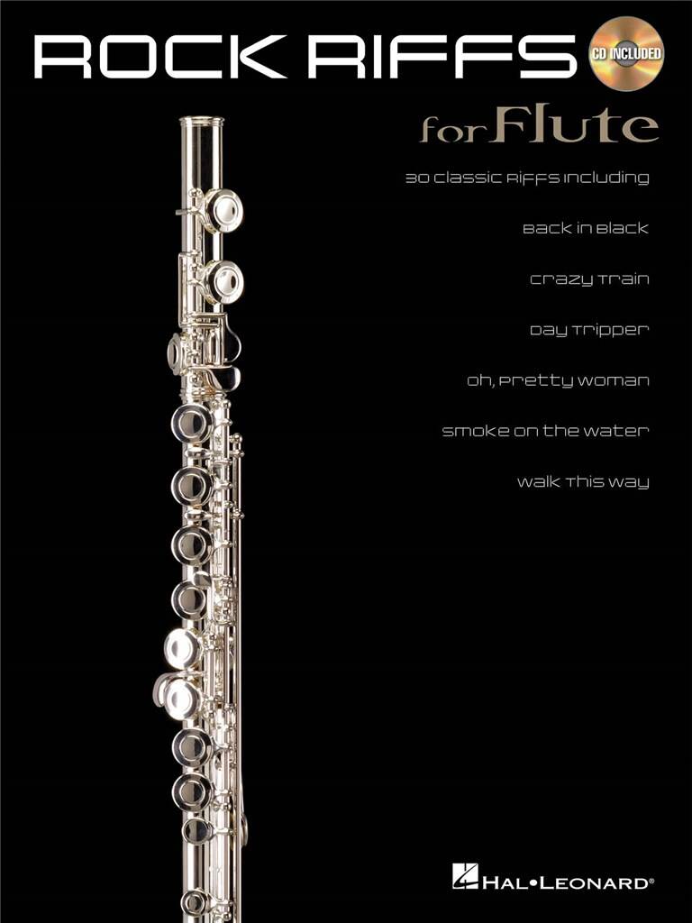 Flute with 'Rock Riffs for Flute' book cover featuring a flute illustration on a black background.