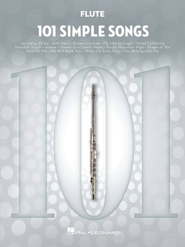 Flute sheet music book titled '101 Simple Songs' with a flute illustration on a gray background.