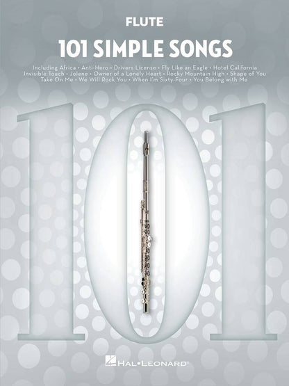Flute sheet music book titled '101 Simple Songs' with a flute illustration on a gray background.