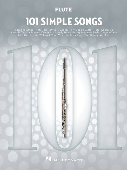 Flute sheet music book titled '101 Simple Songs' with a flute illustration on a gray background.