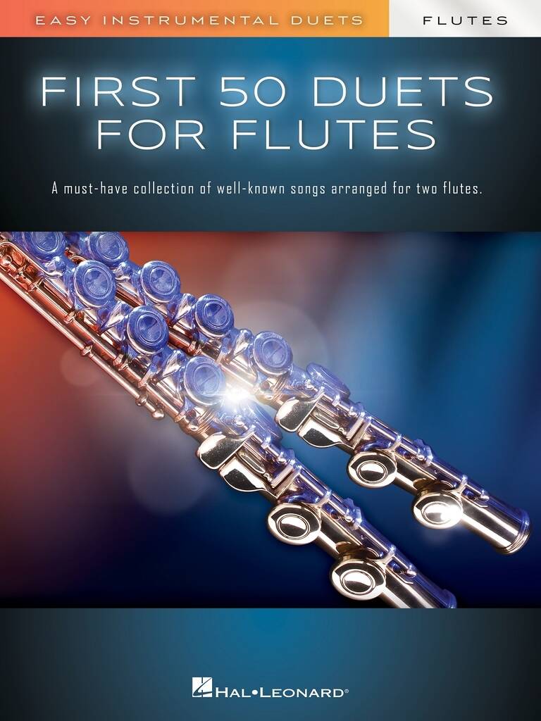 First 50 Duets for Two Flutes cover with 2 flutes illustrated on coloured background. Title is over blue background