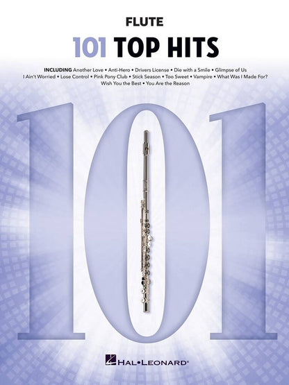 Flute sheet music book titled '101 Top Hits' by Hal Leonard with a flute illustration on a light purple background.