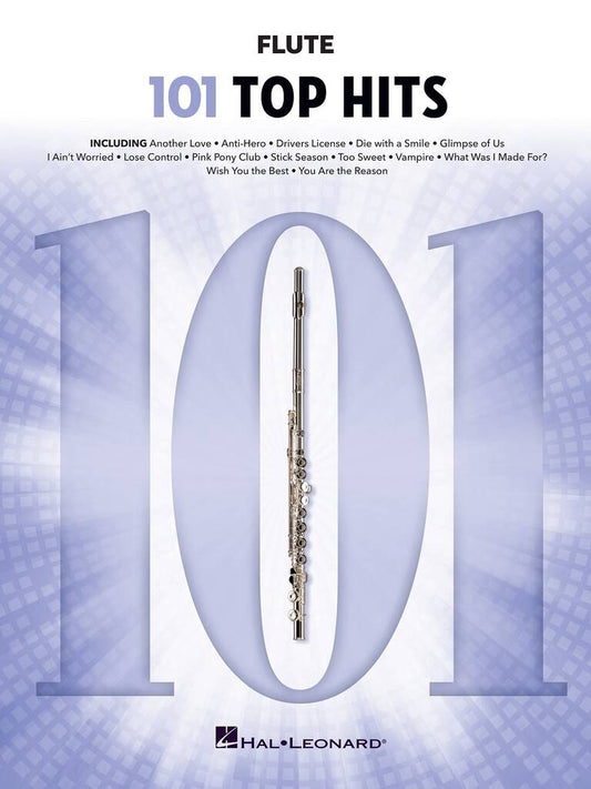 Flute sheet music book titled '101 Top Hits' by Hal Leonard with a flute illustration on a light purple background.