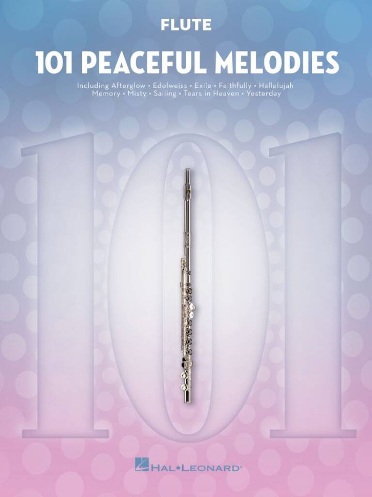Flute sheet music book titled '101 Peaceful Melodies' by Hal Leonard with a flute illustration on a gradient background.