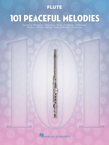 Flute sheet music book titled '101 Peaceful Melodies' by Hal Leonard with a flute illustration on a gradient background.