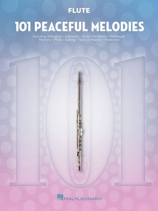 Flute sheet music book titled '101 Peaceful Melodies' by Hal Leonard with a flute illustration on a gradient background.