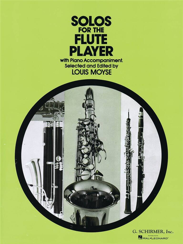 Book cover of 'Solos for the Flute Player' with black and white images of flutes on a green background.