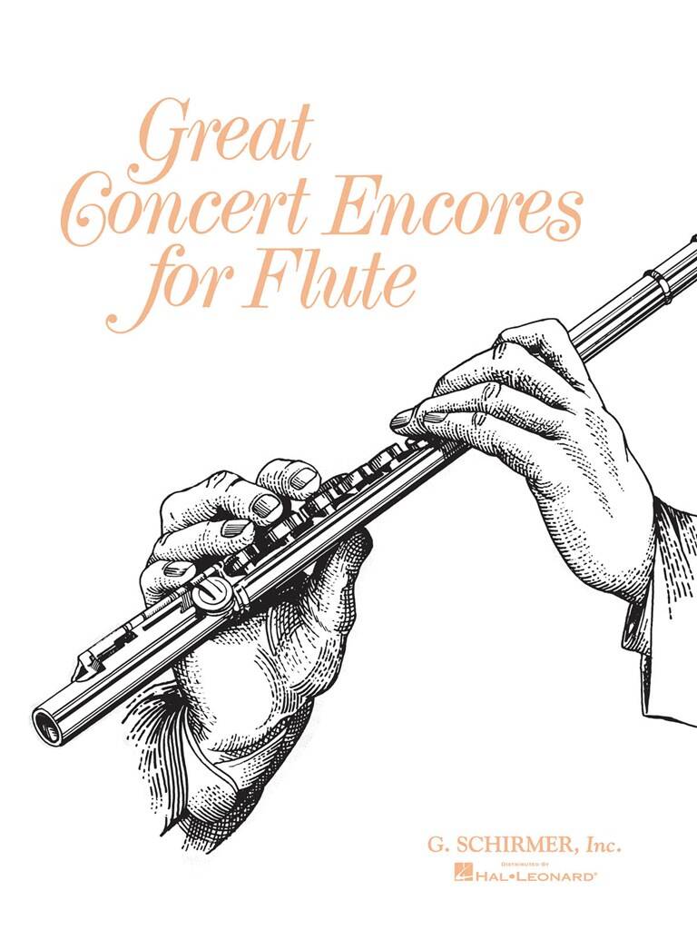 Book cover of 'Great Concert Encores for Flute' with a black and white illustration of hands holding a flute.