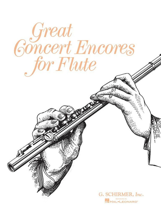 Book cover of 'Great Concert Encores for Flute' with a black and white illustration of hands holding a flute.
