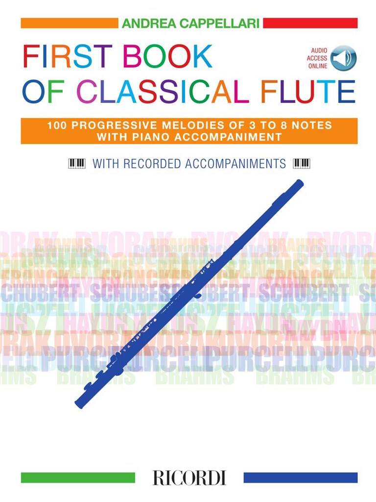 Book cover of 'First Book of Classical Flute' by Andrea Cappellari with a flute illustration on a multicolored background.