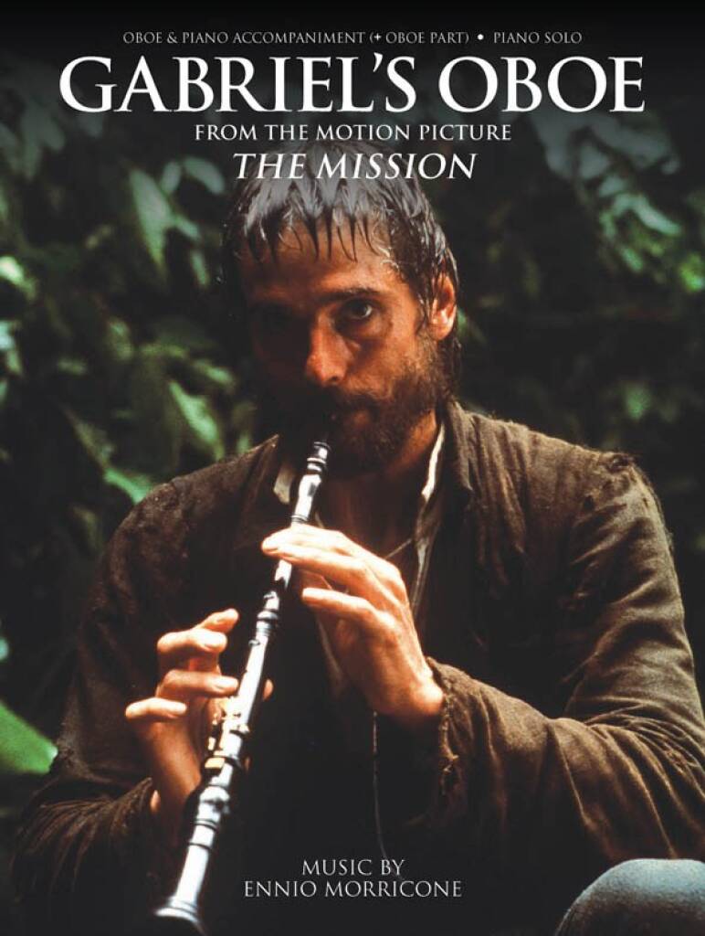 Cover of Gabriel's Oboe arrangement for flute or oboe and piano with an illustrated man playing the oboe
