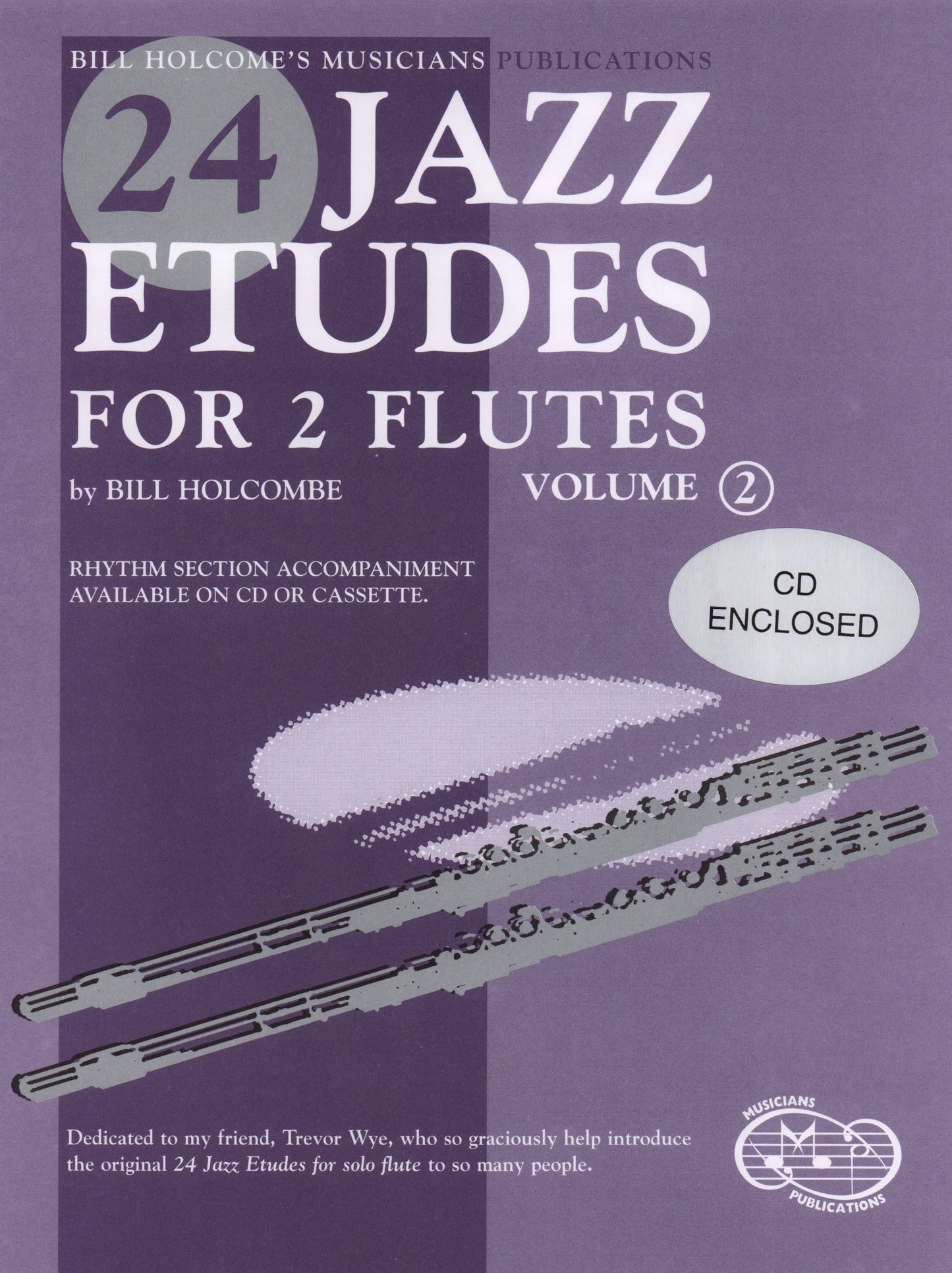 Sheet music cover for '24 Jazz Etudes for 2 Flutes Volume 2' by Bill Holcombe with two flutes illustration on a purple background.