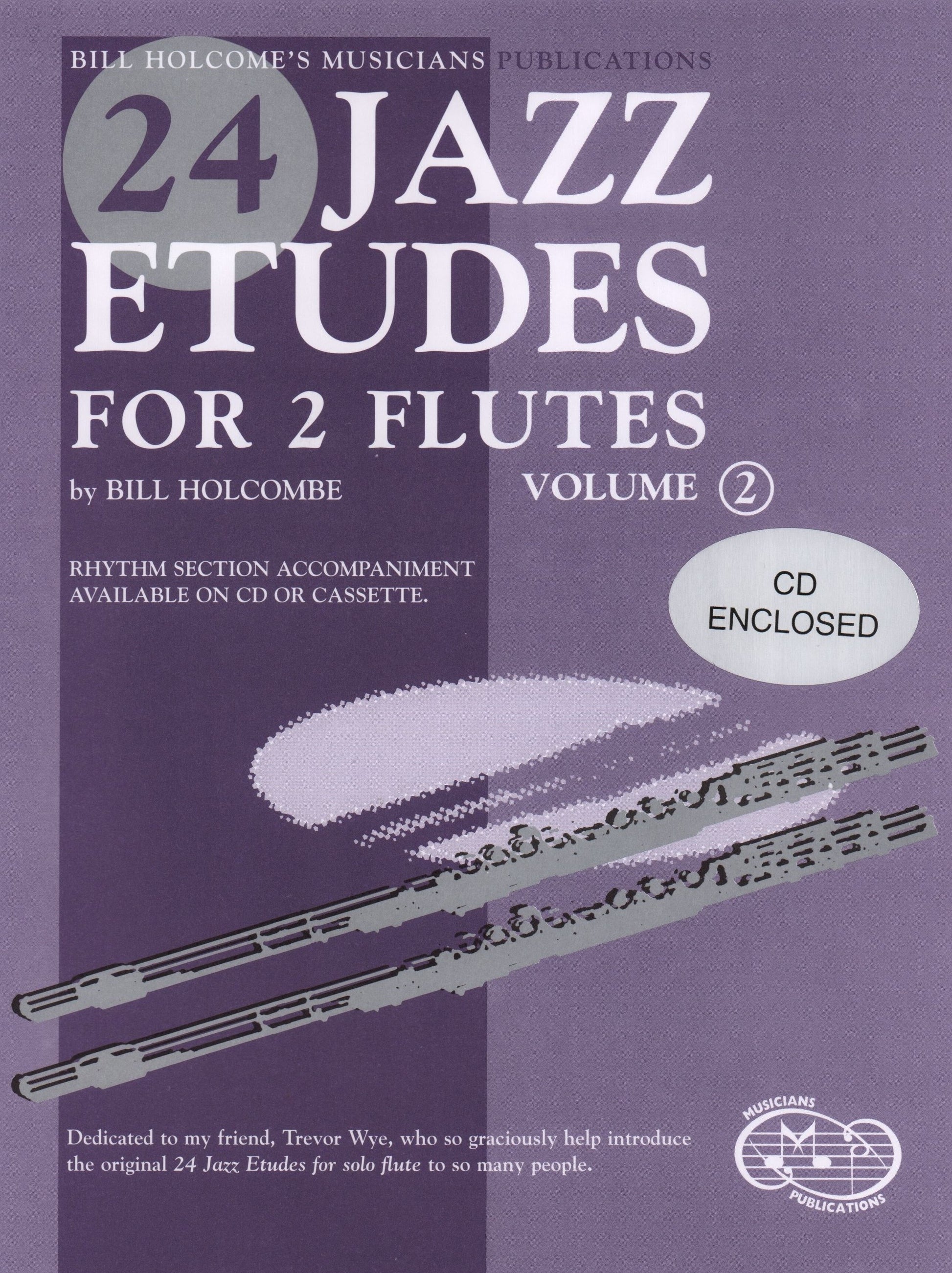 Sheet music cover for '24 Jazz Etudes for 2 Flutes Volume 2' by Bill Holcombe with two flutes illustration on a purple background.