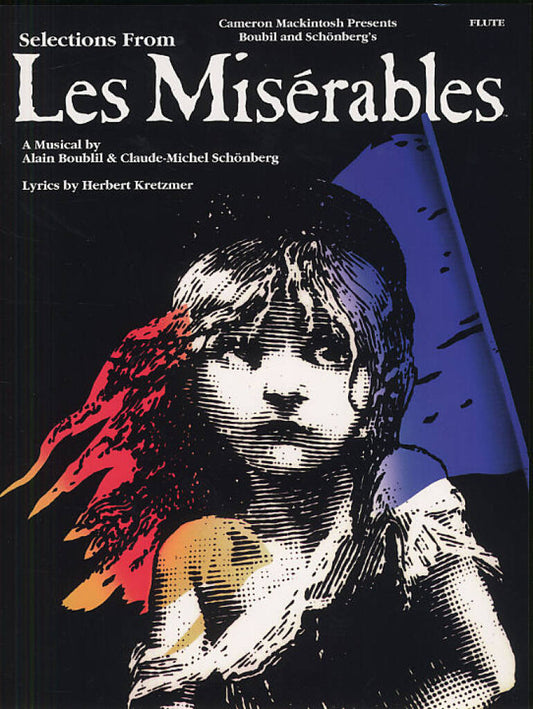 Sheet music cover for 'Les Mésérables' with a stylized illustration of a character holding a flag.
