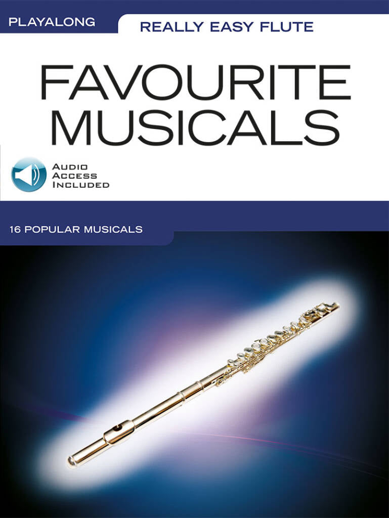 Flute book titled 'Really Easy Flute: Favourite Musicals' with a flute on a dark background