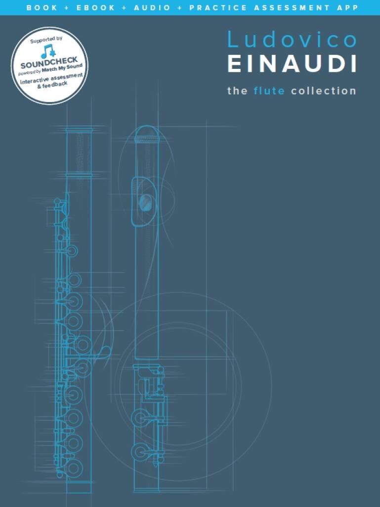 Flute with technical drawing on a blue background, featuring the text 'Ludovico Einaudi The Flute Collection'.