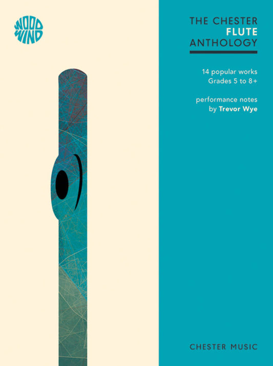 Flute book titled 'The Chester Flute Anthology' with a flute illustration on a beige and blue background.