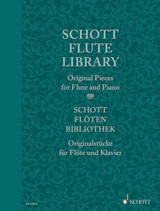 Schott Flute Library cover with  an elegant pattern on blue background