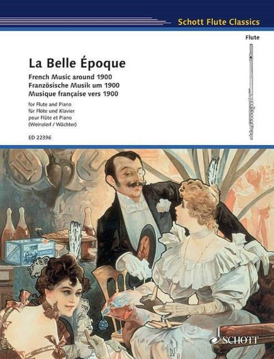 Flute sheet music cover for 'La Belle Epoque' with a painting of a couple at a table.