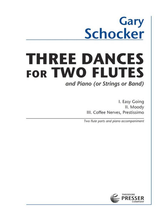 Sheet music cover for 'Three Dances for Two Flutes' by Gary Schocker with a white background.