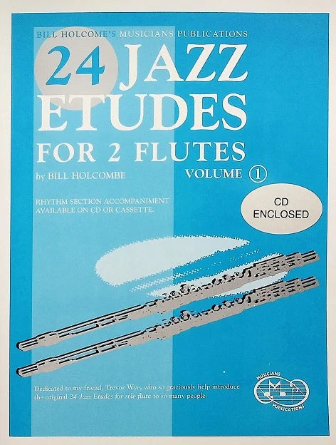 Book cover of '24 Jazz Etudes for 2 Flutes' by Bill Holcombe with two flutes illustration on a blue background.