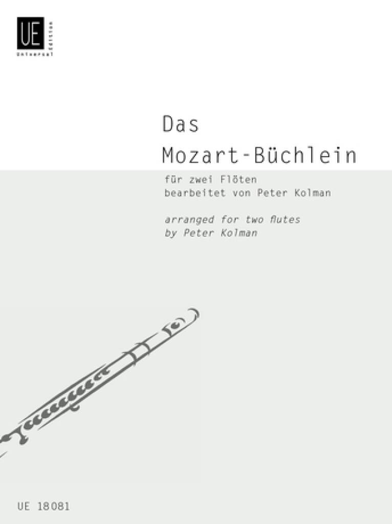 Sheet music cover for 'Das Mozart-Büchlein' arranged for two flutes by Peter Kolman, with a flute illustration on a white background.