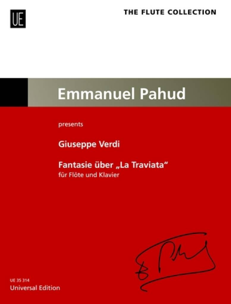 Sheet music cover for Emmanuel Pahud's edition of Doppler Rigoletto Fantasy for 2 flutes and piao with red and black design.