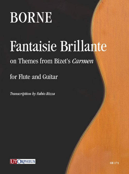 Fantaisie Brillante on Themes of Bizet Carmen for flute and guitar with a guitar illustrated on black background