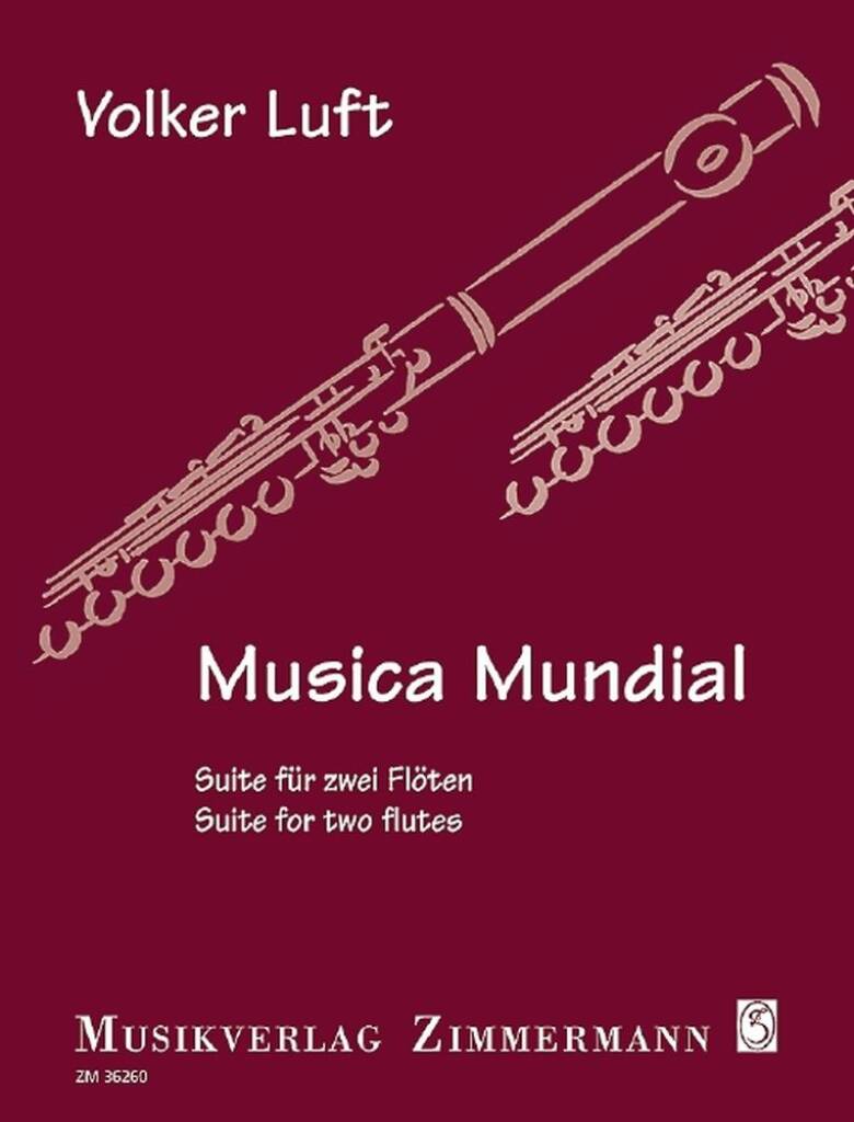 Music sheet cover for 'Musica Mundial' by Volker Luft featuring a flute illustration on a red background.